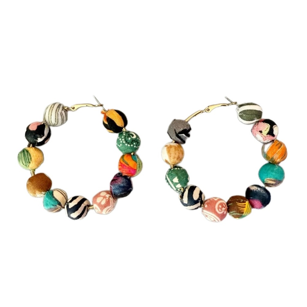Colorful Fabric Bead Hoop Earrings